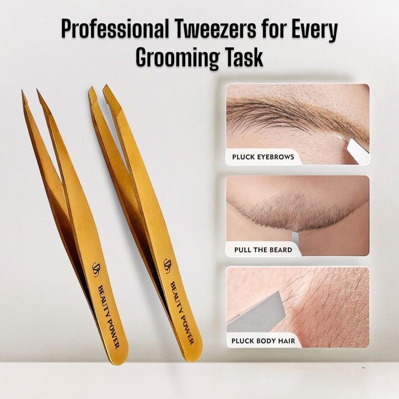 [Australia] - Professional Tweezers Set – Slant & Point, Ultra Precision German Stainless Steel Tweezers for Eyebrows, Chin, Ingrown Hair & Facial Grooming – Lightweight with Travel Case (Matte Gold) 2 / Matte Gold in Case 