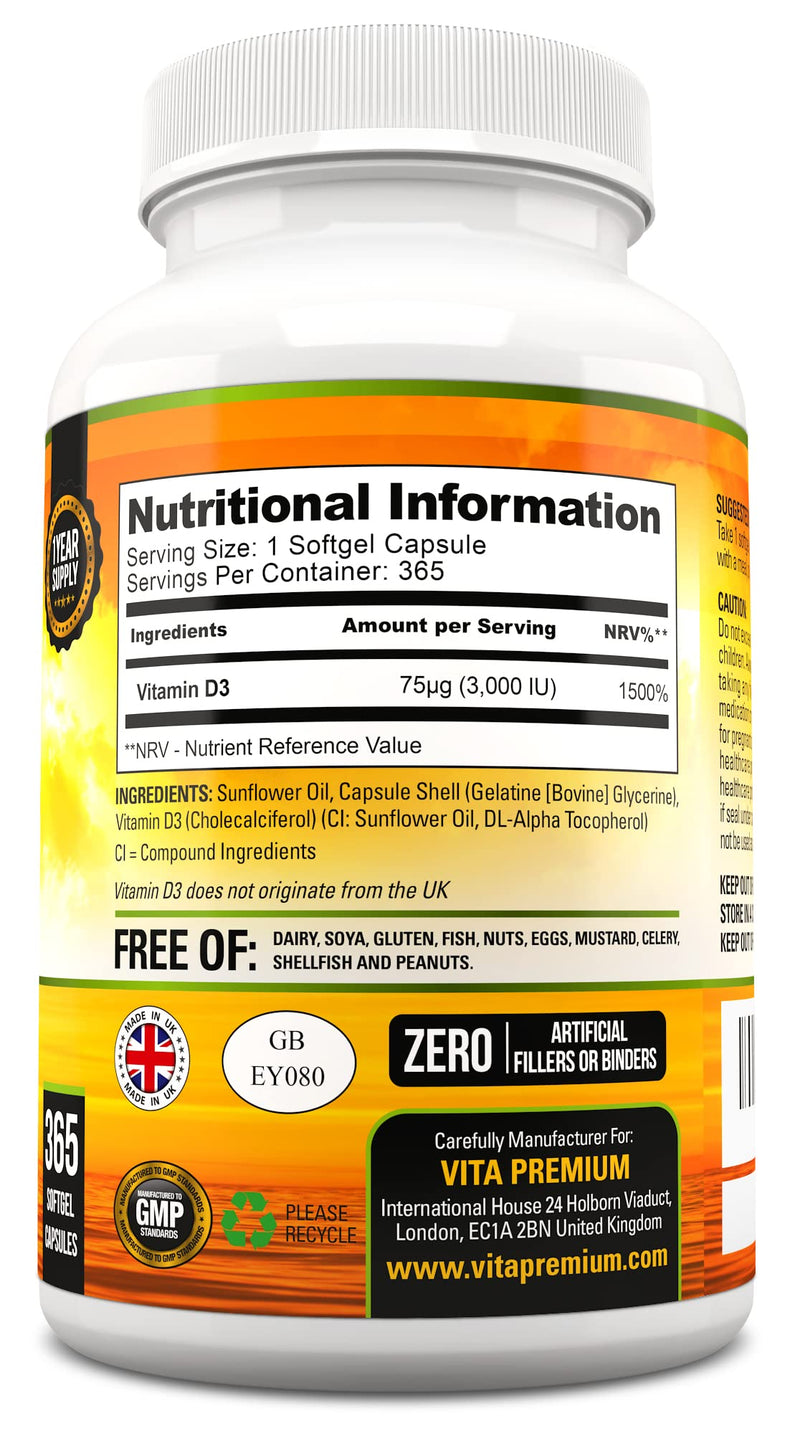 Vitamin D 3,000 IU, High Strength Vitamin D3 Supplement, 365 Easy to Swallow Softgels - Full Year Supply