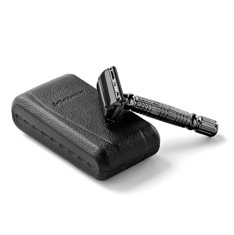 [Australia] - Störtebekker® Premium safety razor 'Hamburg' in a handmade leather case - *TESTS WINNER* Stiftung Warentest (12/2024) - Shaving set with 10 razor blades, travel case & built-in mirror - wet razor black - black 