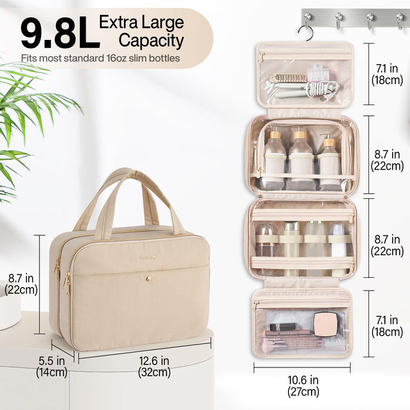 Hanke Hanging Travel Toiletry Bag with Jewelry Organizer, Apricot | Large Capacity, Holds Full-Size Bottles, Water & Stain Resistant, 360° Swivel Hook, Trolley Sleeve, Women's Makeup Organizer