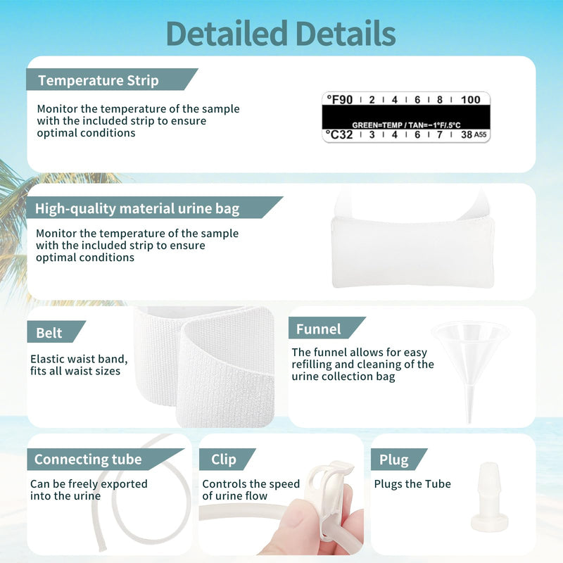 Urine Test Complete Kit with 2-4 oz Sample Pouch, 43.3 inch Concealed Stretch Belt with 5 Liquid Release Outlets, Temperature Strips, Silicone Funnel, Clamps and Plug, Reusable Storage System (White) White-001