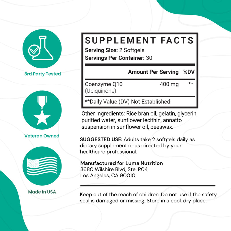 [Australia] - Luma Nutrition CoQ10 400mg Softgels - Premium Coenzyme Q10 - Co Q-10 200mg Softgel / 400mg Per Serving - 60 Liquid Softgels 