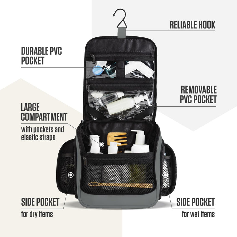 VENTURE 4TH Travel Toiletry Bag & Quick Dry Towel Set - Ideal for Camping, Hiking, Backpacking, Business Trips & More - Grey, Medium