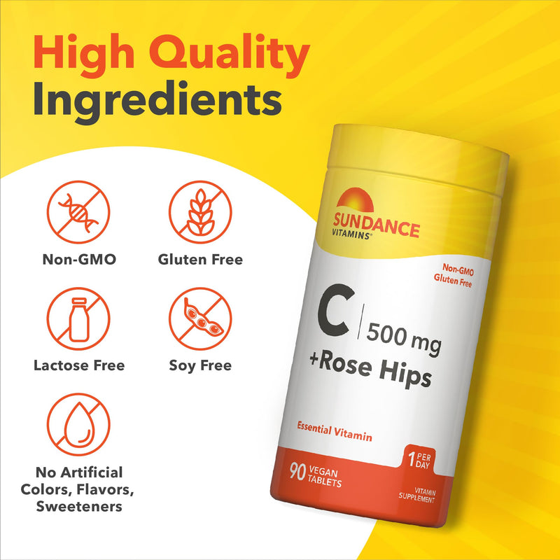 Sundance Vitamin C with Rose Hips | 500mg | 90 Vegetarian Tablets | Essential Vitamin | Vegetarian, Non-GMO, and Gluten Free Supplement