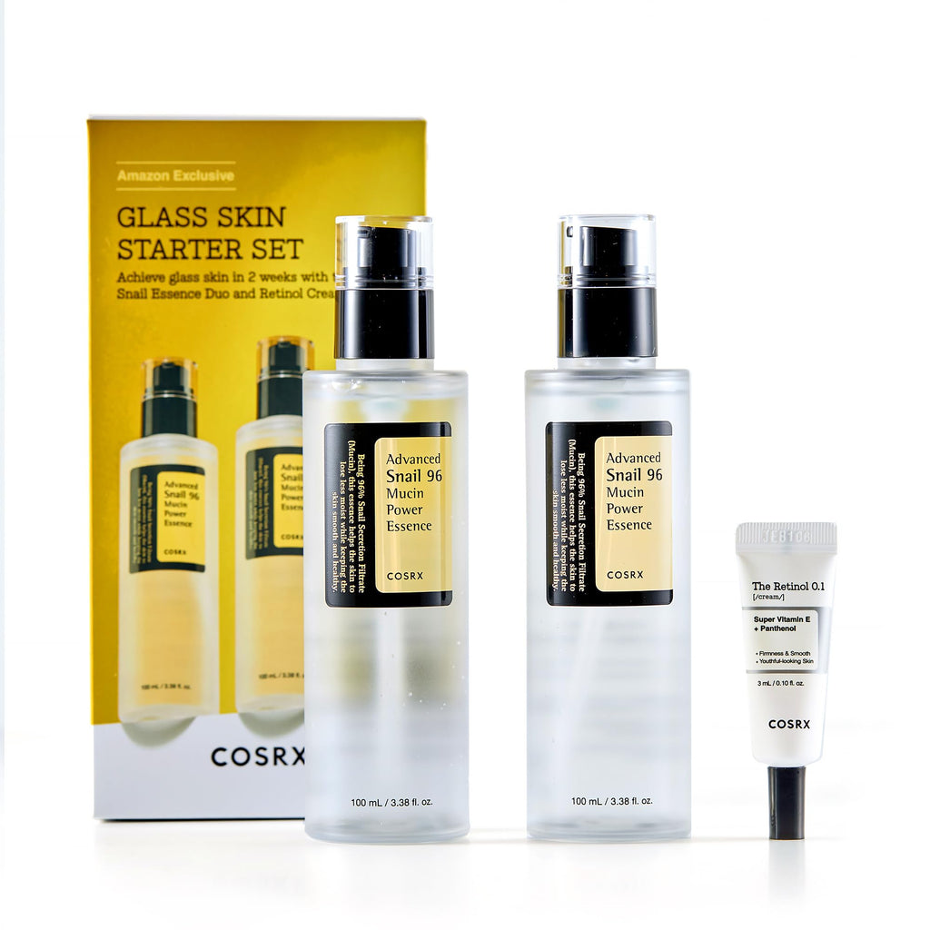 COSRX Glass Skin Korean Skincare Set- Advanced 96% Snail Mucin Serum (3.38fl oz * 2pcs) & Mini Sized 0.1% Retinol Cream for Face (0.1oz)- Korean Skin Care Gift Set, Anti Aging Set