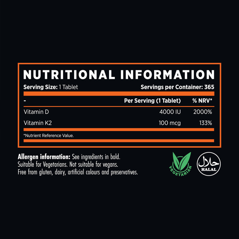 Refined Nutrition Vitamin D3 and K2 4000 IU - 365 Micro Tablets (1 Year Supply) - High Strength VIT D3 with K2 MK7 100ug - Supports Immune & Bone Health - Vegetarian & Halal - Made in UK