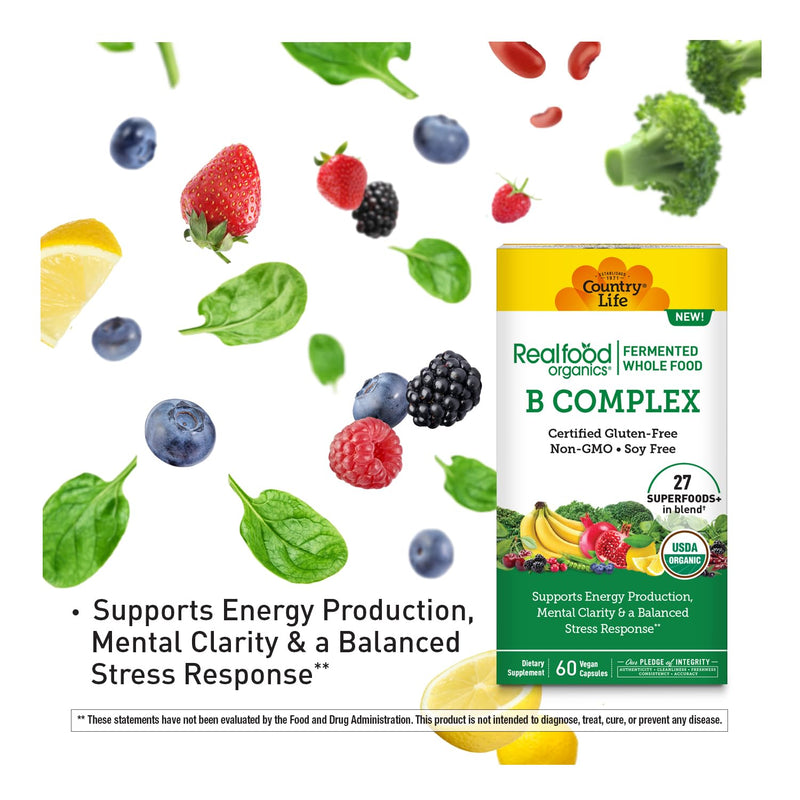 Country Life Realfood Organics B Complex, 60 Vegan Capsules | Fermented whole food formula with 8 B vitamins and 27 superfoods supports energy production and mental clarity