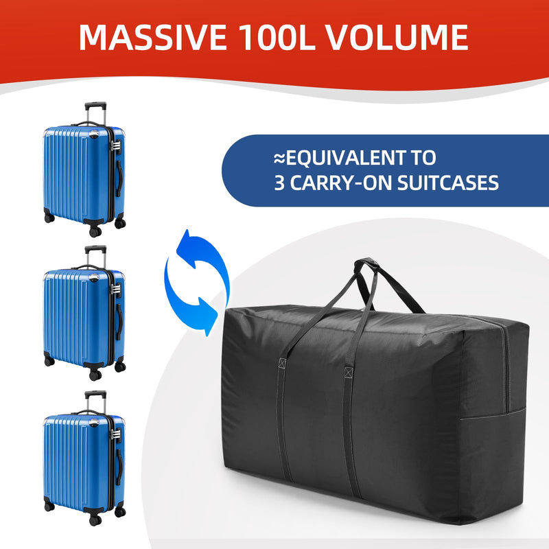 Extra Large travel duffel bag with Strong Handles, 100L Waterproof duffel bag, Durable Zippers, Extra Large Storage Totes for Space Saving and Moving Supplies, Black M - 31.5″× 11.8″× 16.5″