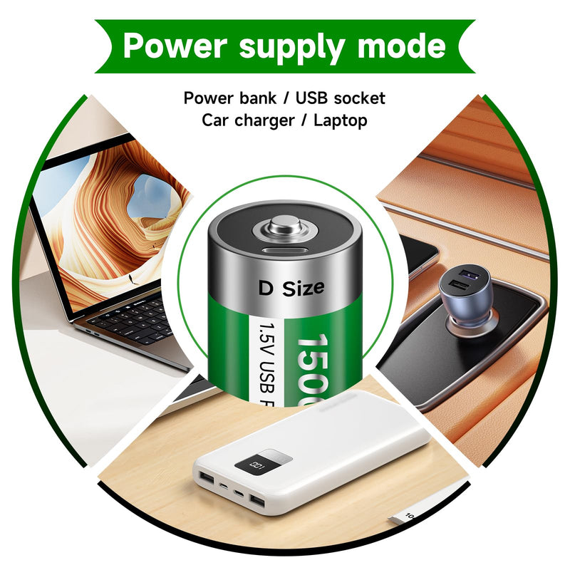 [Australia] - USB D Rechargeable Batteries Lithium 1.5V Constant Output 15000mWh Li-ion D Cell with Type-C Charging Cable,4 Pack 