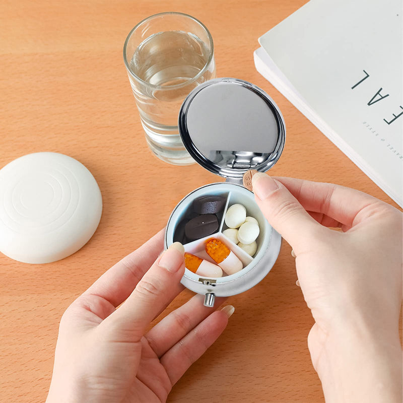 4 Pack Elegant Small Pill Box, 3 Compartments Pill Case for Purse Pocket with Mirror, Metal Travel Portable Medicine Tablet Vitamin Holder Organizer Container, Style A