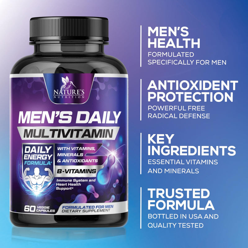 Multivitamin for Men - Once Daily Mens Multivitamins - Comprehensive Multi-Vitamin with Optimal Vitamin Bioavailability - Essential Vitamins A, C, D, E, & Zinc Formula - Bottled in USA - 60 Capsules 60 Count (Pack of 1)