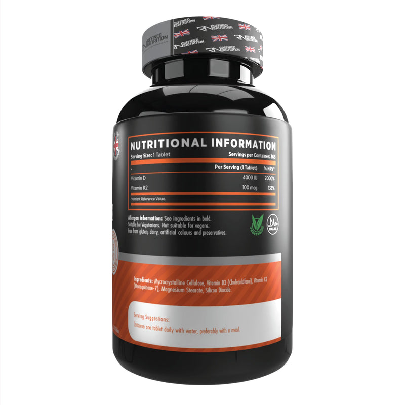Refined Nutrition Vitamin D3 and K2 4000 IU - 365 Micro Tablets (1 Year Supply) - High Strength VIT D3 with K2 MK7 100ug - Supports Immune & Bone Health - Vegetarian & Halal - Made in UK