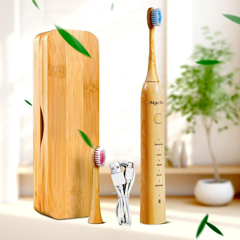 [Australia] - Sonic Electric Bamboo Toothbrush for Adults -5 Adjustable Cleaning Modes -Includes 2 Bamboo Heads with Castor Oil Bristles - Upgraded IPX7 Waterprood -Convenient Charging & Travel Case 