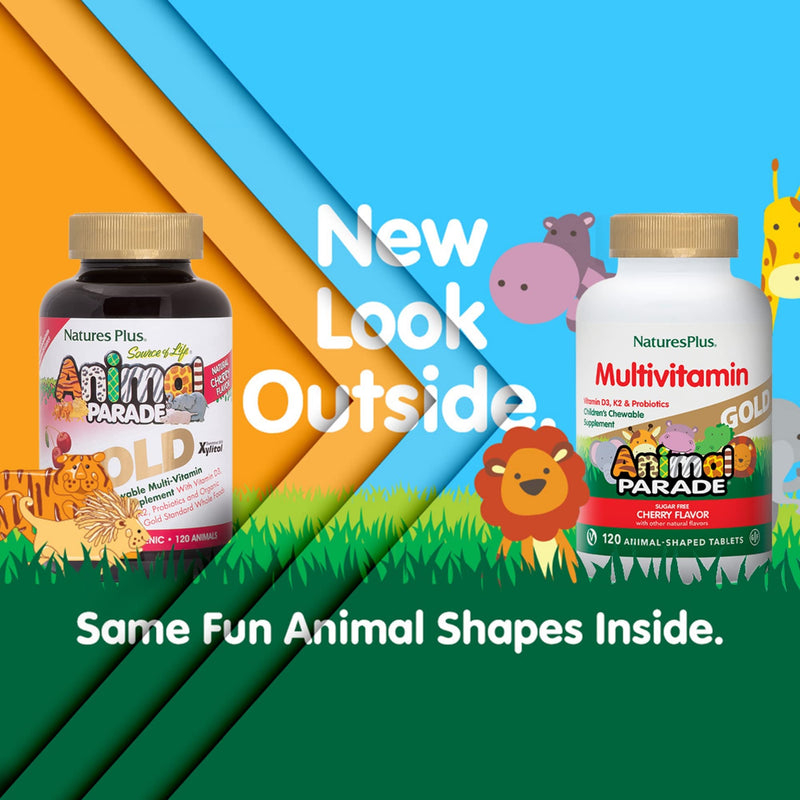 [Australia] - Natures Plus Animal Parade Gold Children's Chewable Multivitamin - Natural Cherry Flavor - 60 Animal Shaped-Tablets - with Vitamin D3, K2 & Probiotics - Vegetarian & Gluten Free - 120 Servings 1 