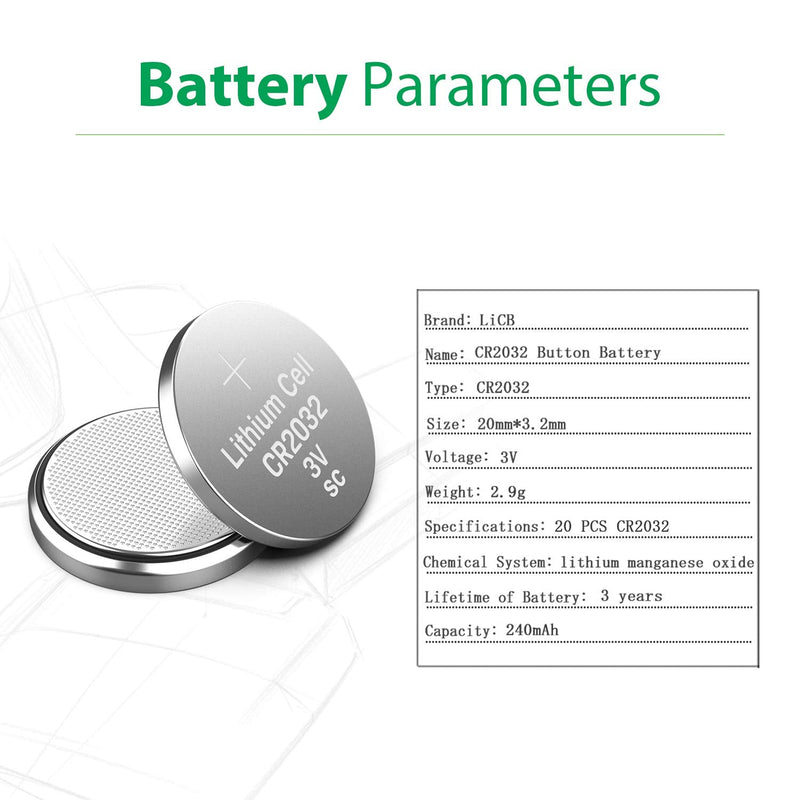 LiCB CR2032 Battery,Long-Lasting & High Capacity CR 2032 3V Coin & Button Cell Lithium Batteries with Adaptive Power and Superior Safety (20-Pack) 20 Pack