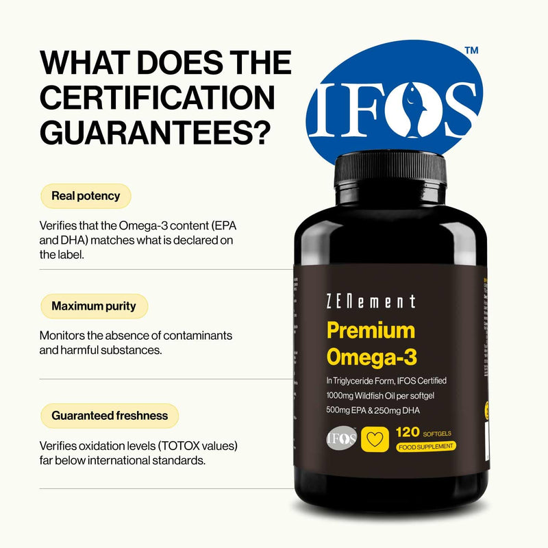 Premium Omega 3 IFOS Triglycerides for Optimal Absorption – 1000 mg EPA + 500 mg DHA per Daily Dose – Wild Fish Oil FOS Certified – 120 Softgel Capsules