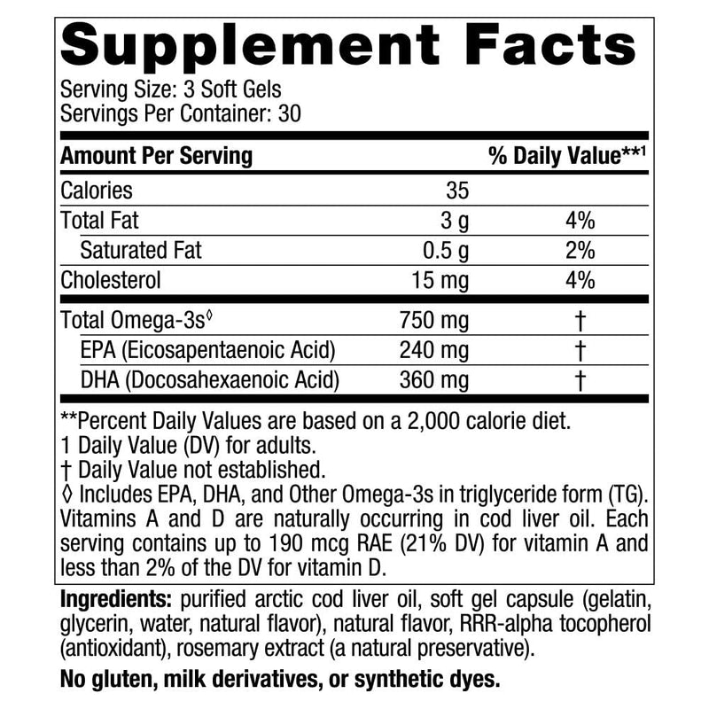 [Australia] - Nordic Naturals Arctic Cod Liver Oil, Lemon - 90 Soft Gels - 750 mg Total Omega-3s with EPA & DHA - Heart & Brain Health, Healthy Immunity, Overall Wellness - Non-GMO - 30 Servings 90 Count (Pack of 1) 