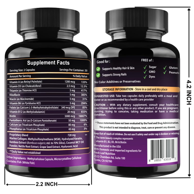 VITBOOST Biotin with Hyaluronic Acid, Collagen and Keratin - 60Ct, 25000mcg | Hair Growth Vitamins for Men and Women - Nails and Skin, USA Made - Third Party Tested, B1, B2, B3, B6, B7 Complex 60 Count (Pack of 1)