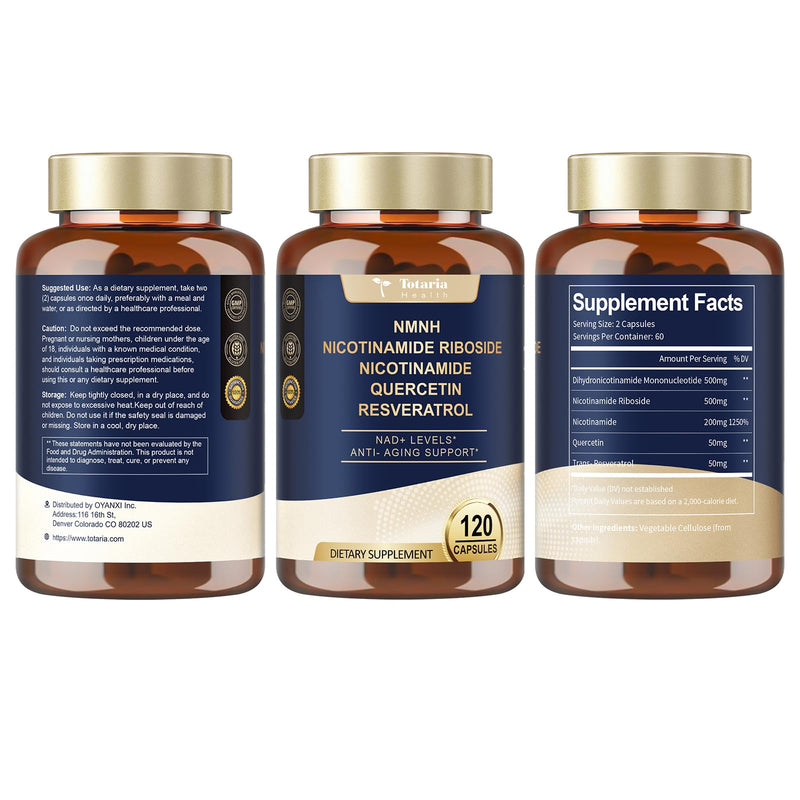 Totaria NMNH 500mg (Dihydronicotinamide Mononucleotide), Premium NMN Alternative Supplement w/Niacinamide (Vitamin B3), Quercetin, Trans-Resveratrol, for NAD+, Skin Cell, Anti-Aging & Energy, 120 Ct 120 Count (Pack of 1)