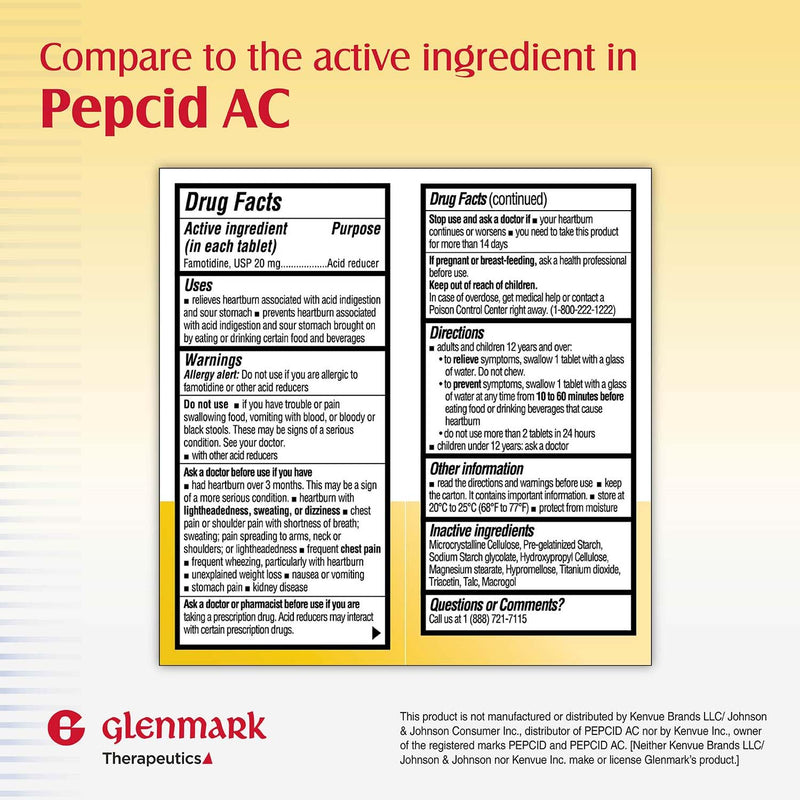 [Australia] - Glenmark Maximum Strength Famotidine Tablets, 20 mg, Acid Reducer for Heartburn Relief, 200 Count 