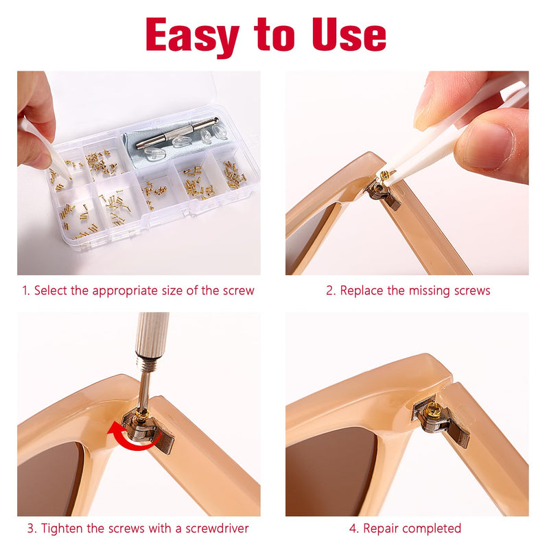 [Australia] - YIXISI 140 pieces glasses sunglasses repair set, glasses repair screw set, glasses repair tool set, with screwdriver, silicone nose pads, tweezers, glasses cleaning cloth, gold screws - gold - 140 pieces 