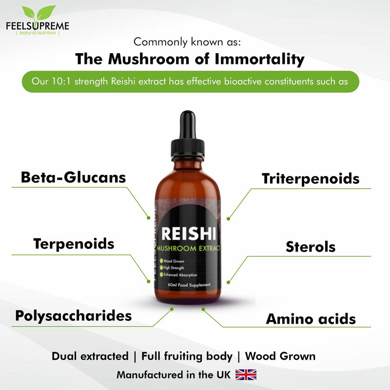 Reishi Mushroom Extract Liquid 60ml – 10:1 Dual Extract Full Fruiting Body Supplement – Immune Support, Sleep & Stress Support, Gut Health, Energy Levels – Antioxidant Tincture