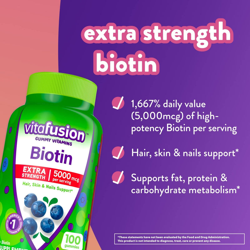 [Australia] - vitafusion Extra Strength Biotin Gummy Vitamins, Berry Flavored, 5,000 mcg Biotin Vitamins, America’s Number 1 Gummy Vitamin Brand, 50 Day Supply, 100 Count (Packaging may vary) 