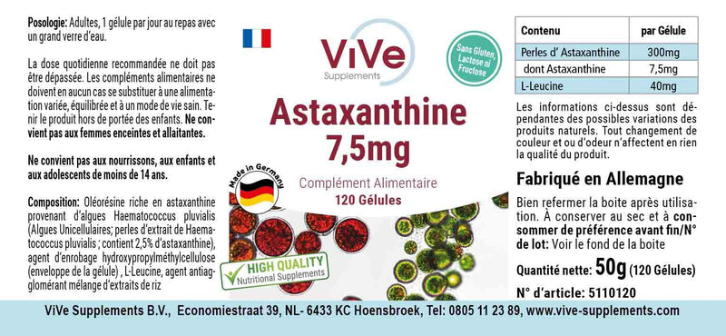 [Australia] - Astaxanthin 7.5 mg - 120 capsules - carotenoid - microencapsulated in beadlets - high dosage and vegan | Quality from Germany from ViVe Supplements 