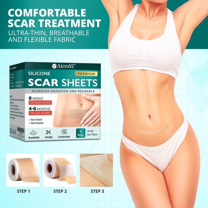 [Australia] - Silicone Scar Sheets, Silicone Scar Tape (1.6"x 60" Roll-1.5M), Reusable and Effective Scar Removal Sheets, Silicone Scar Removal Sheets for Surgical Scars, Healing Keloid, C-Section, Tummy Tuck 