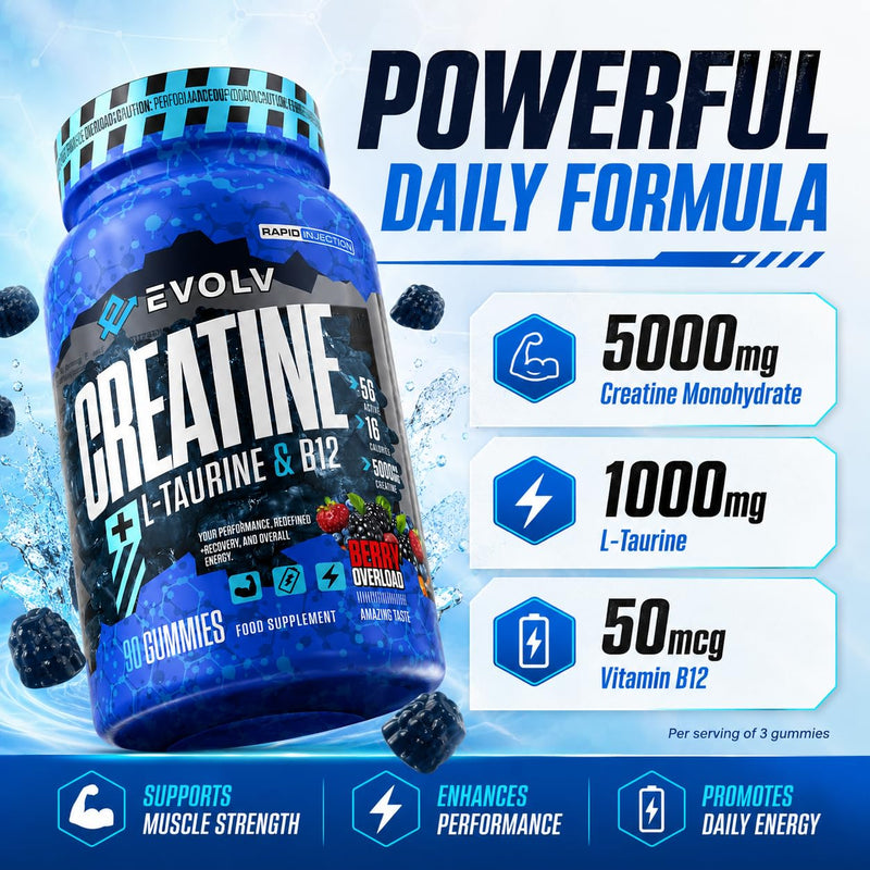 Creatine Monohydrate Gummies + L-Taurine & B12 | 90 Vegan | Overload Creatine Gummies 5000mg | Pre Workout & Post Workout Energy for Men & Women | Sugar-Free Creatine Max