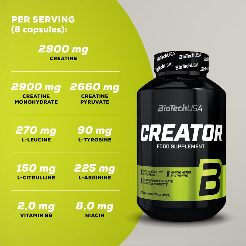 BioTechUSA Creator | with 2 Types of Creatine | Amino Acids | Vitamin B6 | Caffeine-Free | Easy-to-Dose Formula, 120 Capsules