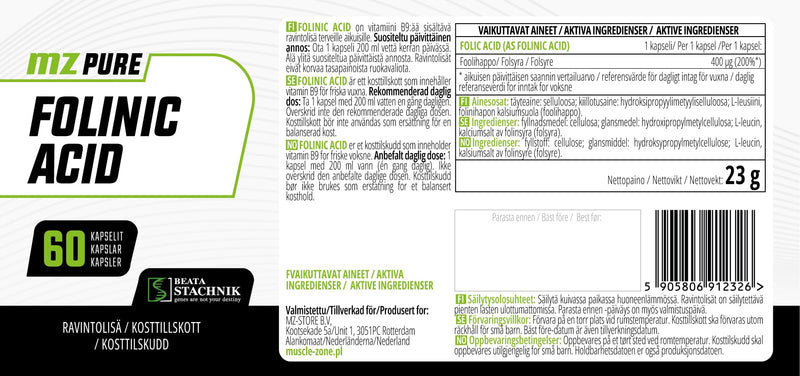 Folinic Acid - 400 mcg Vitamin B9 per Capsule – 60 Vegan Capsules - Calcium Salt Form - Supports Homocysteine Metabolism, Immune Function & Energy - Clean, Filler-Free Formula - by MZ