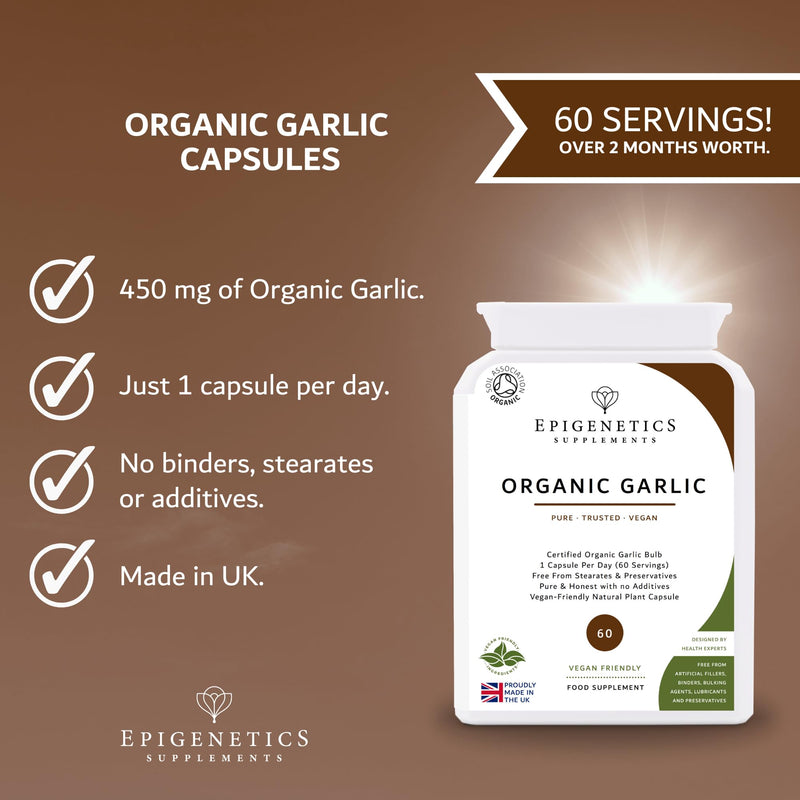 Organic Garlic 450mg | Natural Allium Sativum Herb Supplement | 60 Vegan Friendly Capsules UK Made | Long 2 Month Supply by Epigenetics Supplements 60 count (Pack of 1)