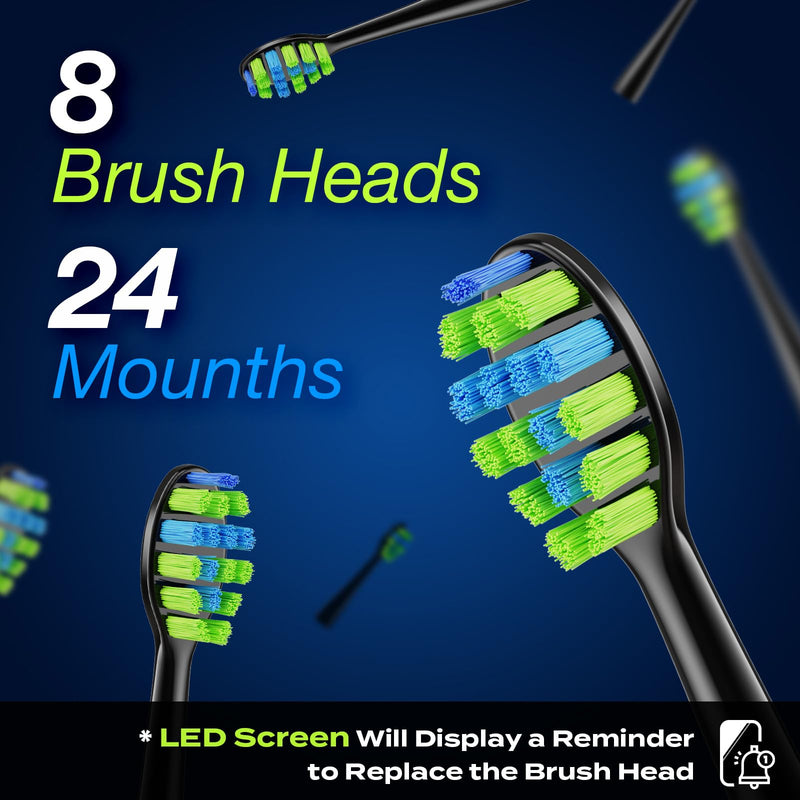 7AM2M Electric Toothbrush for Adults & Teens with LED Screen, 3 Intensity Levels & 5 Modes, One Charge for 90 Days, Fast Charge & Holder, 2 Mins Built in Smart Timer, with 8 Brush Heads (Black) Black