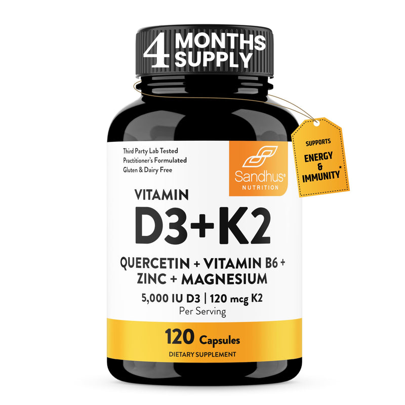 [Australia] - Sandhu's Vitamin D3 K2 Magnesium 5000 IU, 120mcg K2 Capsules 120 Count (Pack of 1) | with VIT B6, Zinc & Quercetin | D3K2 Supports Superior Absorption, Energy, Immune, Muscle Health for Men & Women 120 Count (Pack of 1) Vitamin D3 K2 5000 IU 