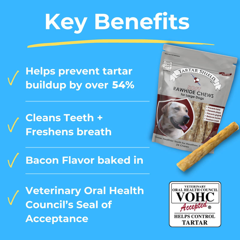 Tartar Shield Soft Rawhide Chews | Safe Dental Treats for Large Dogs | Vet VOHC Approved | Daily Bone Cleans Teeth & Gums Fresh Breath Oral Health Support | USA Made | (Large Dogs / 24 Count) Large Dog - 24 Ct. - PawsPlanet Australia