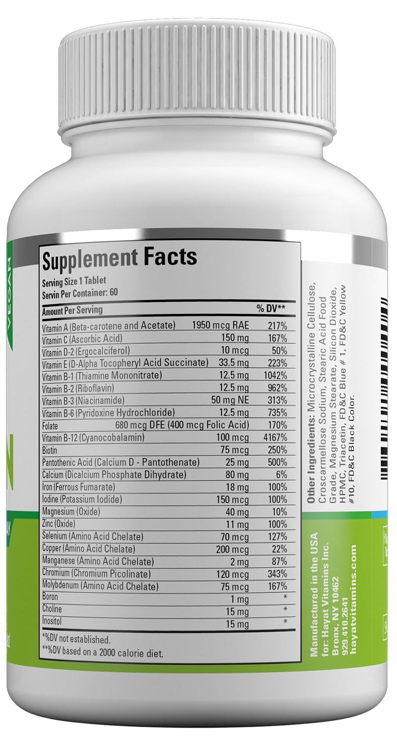 HAYAT Vitamins Vegan Natural Multivitamin, Daily Vitamins with Vitamin A, C, D, E, B1, B2, B3, B6, B12, Biotin, Zinc and More, 2 Month Supply, All Natural, Certified Halal, 60 Tablets, Made in The USA