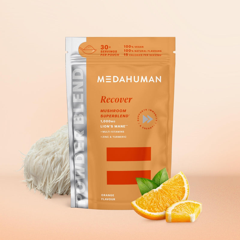 Medahuman Recover Superblend Recovery Powder with Lion's Mane Mushroom, B Vitamins, Zinc, Turmeric & Ginger – Orange Flavour Adaptogen Post Workout Support – 150g