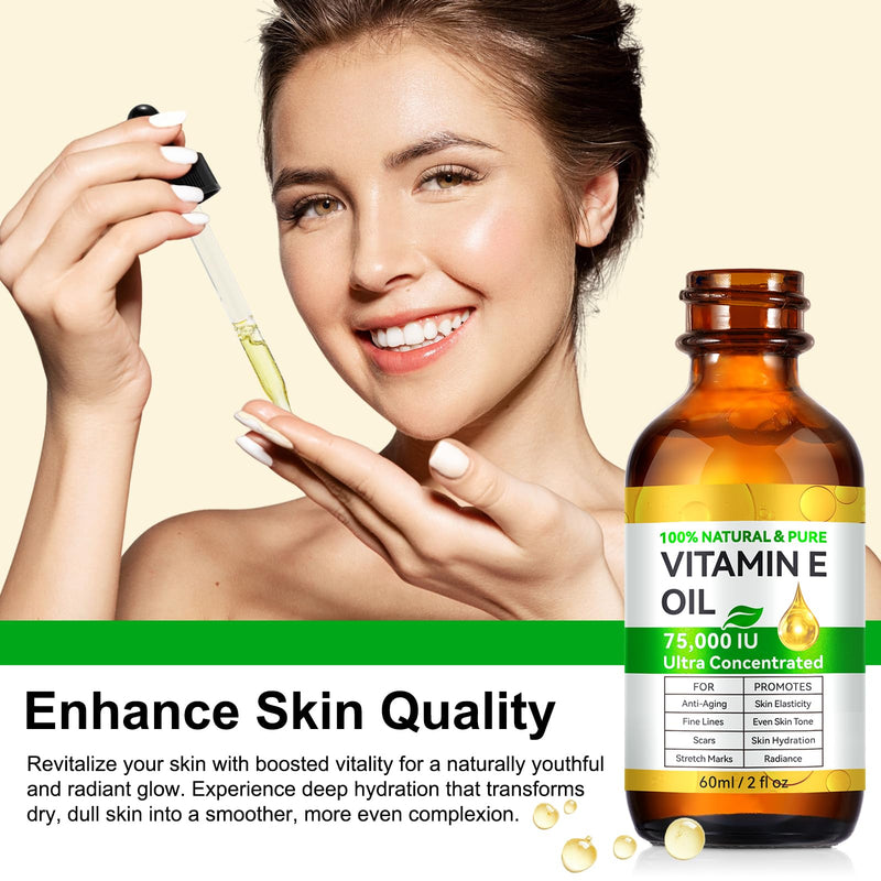 Vitamin E Oil, (2pcs) 100% Pure & Natural Oil for Skin, Face, Hair & Nails, Body Bath for Moisturizing Dry Skin, Non-GMO & Vegan 2 Fl Oz (Pack of 2)