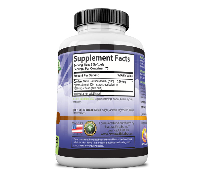 [Australia] - Odorless Pure Garlic 3000 mg per Serving Maximum Strength 150 Soft gels Promotes Healthy Cholesterol Levels Immune System Support 