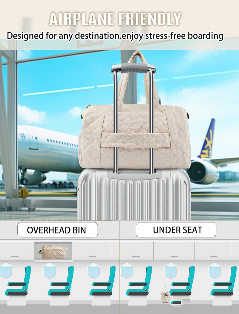 Travel Duffle Bag for Women Weekender Bag Luggage with Toiletry bag Shoe Pocket for Hospital,Gym and Airplane Travel,Beige Beige