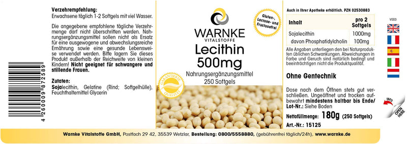 [Australia] - Lecithin 500mg - from soy - 250 softgels - GMO-free - high dosage - large pack | Warnke vital substances - German pharmacy quality 