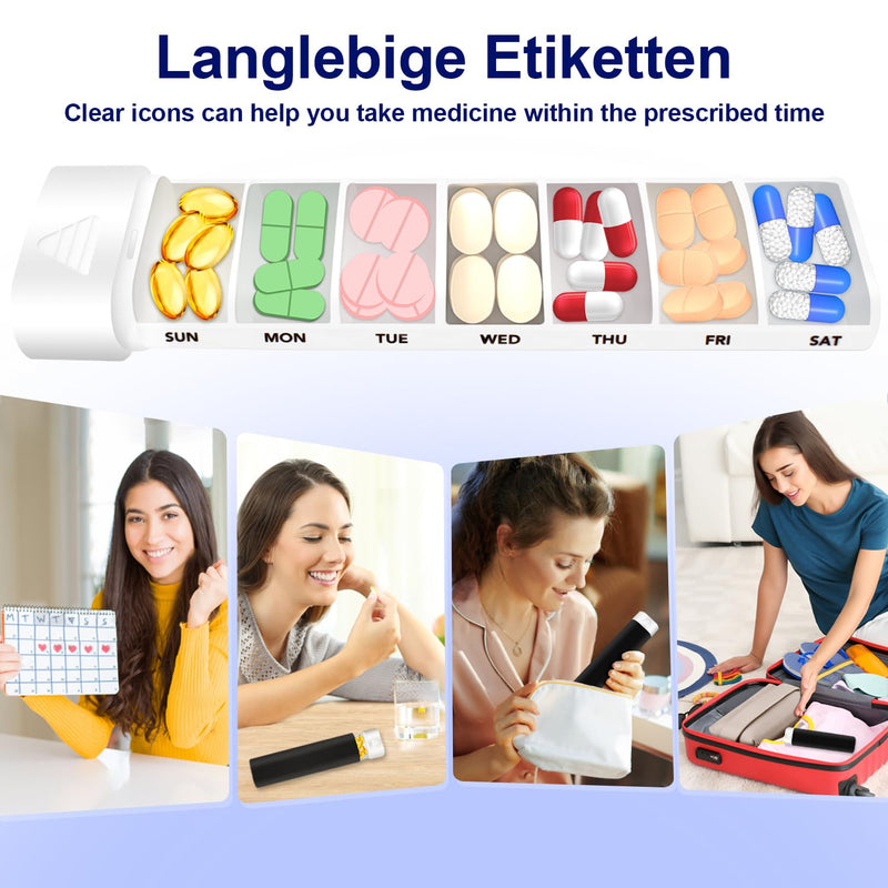 Weekly 7 Day Pill Organizer, Light Protected Sealed Moisture Resistant，Pill Taker, DKYEUD Travel Daily Pill Box, Cute Pill Case for Vitamins, Medicines, Supplements, Fish Oil, Black and White