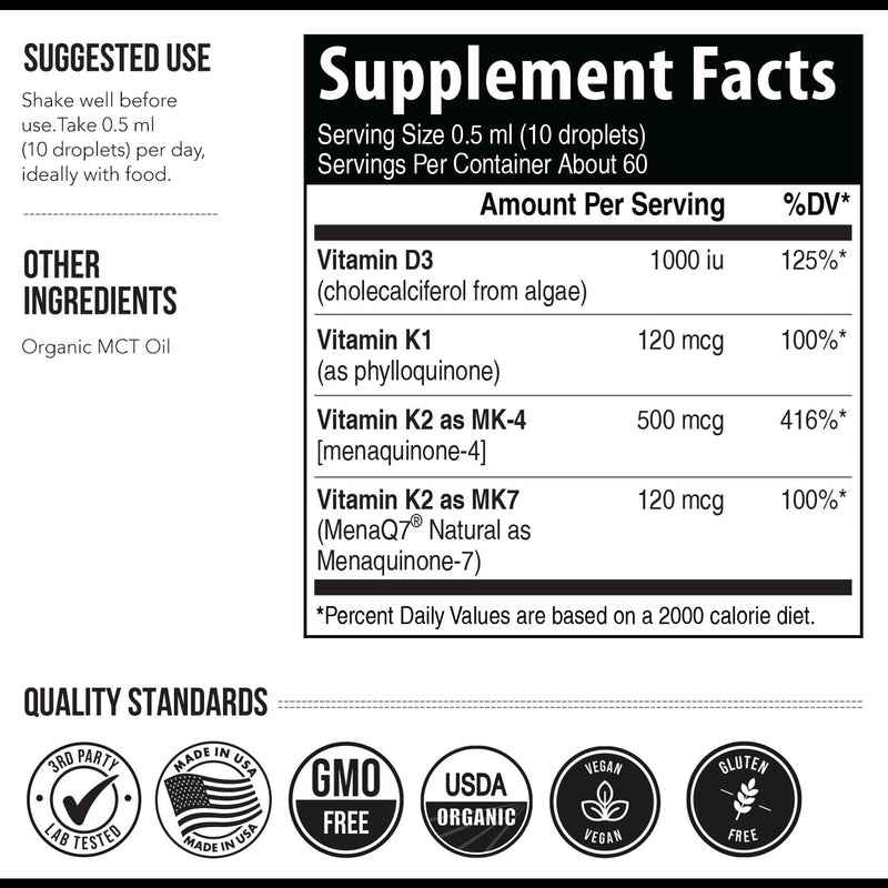 Total K2® | Vitamin K2 as MK7 & MK4 | Plus K1 & Vitamin D3 Cofactor - 620 mcg K2 per Serving - All-Trans MK7 from MenaQ7® - Full-Spectrum Vitamin K - Vegan, Organic Certified (Liquid 1 oz) 1 Ounce (Pack of 1)