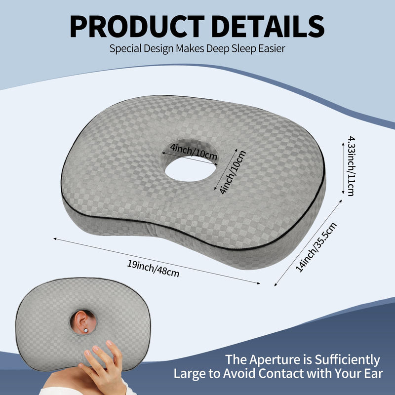 [Australia] - Ear Piercing Pillow for Side Sleepers with an Ear Hole for CNH and Ear Pain Ear Inflammation Pressure Sores, Cotton and Polyester Adjustable Filling Washable and Adjustable Ear Guard Pillow, Gray 