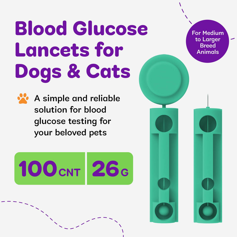 [Australia] - Pet Lancets for Diabetes Testing, Glucose Monitoring for Dog & Cat, Extended Needle Glucose Monitor Lancets, Thick 26-Gauge for Medium to Larger Breed Animals, 100 Count 26 Gauge 