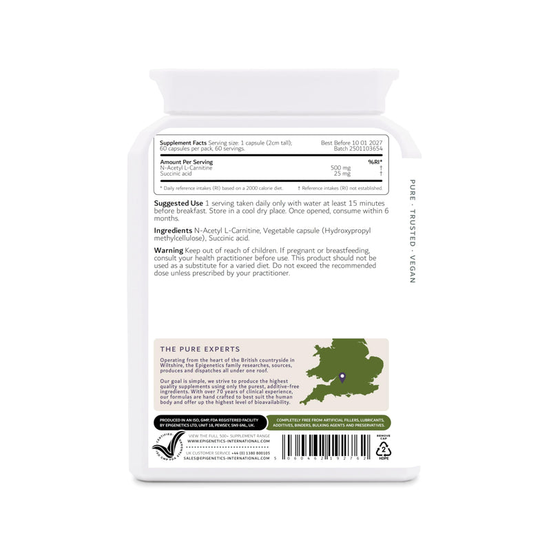 Acetyl Carnitine SA | 500mg N-Acetyl L-Carnitine Amino Acid + Succinic Acid Natural Antioxidant | 60 Vegan Capsules UK Made | 1 Capsule Daily (2 Month Supply)