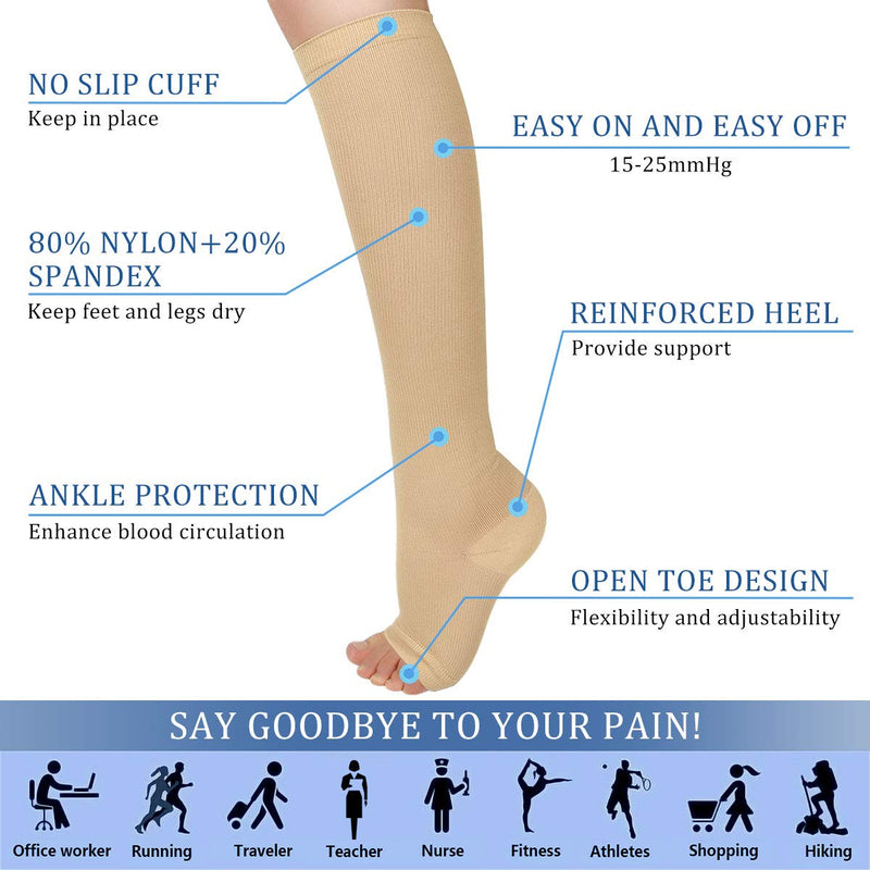 [Australia] - Ikfashoni 3 pairs of compression stockings for women and men, medical knee socks without toe, beige thrombosis stockings, support stockings for graduated varicose veins, blood circulation, S-M, cream white 