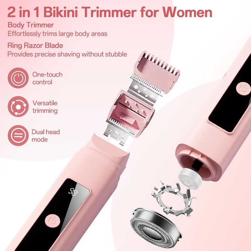 [Australia] - Bikini Trimmer for Women: 2-in-1 Electric Shaver with Digital Display,IPX7 Waterproof & Easy Cleaning& Travel Lock - Dual Head Trimmer for Underarms, Legs, Face (Pink) 