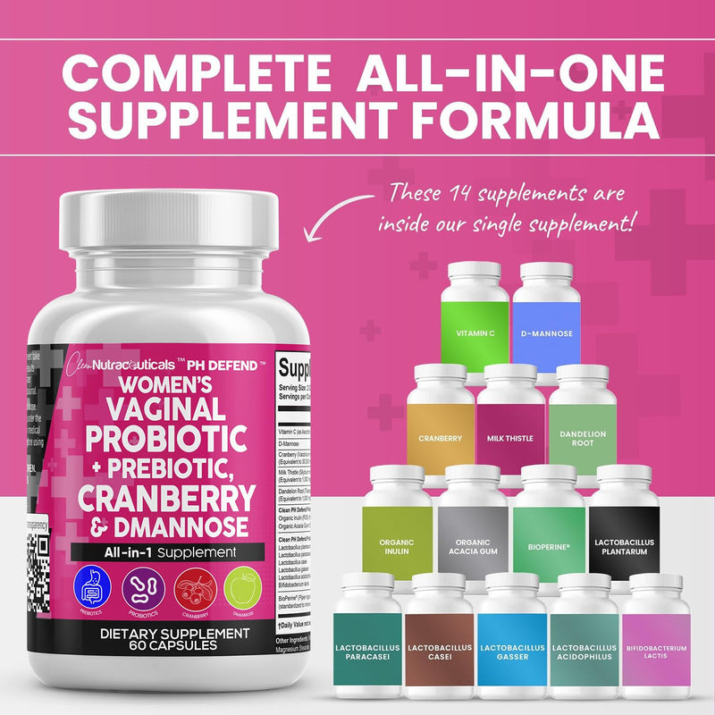 [Australia] - Vaginal Probiotics For Women + Prebiotics 20 Billion Cranberry Pills 30,000mg w/ D-Mannose 500 mg for Urinary Tract Health pH Balance - Womens Probiotic Vitamins for Vaginal Health Supplements Pills 